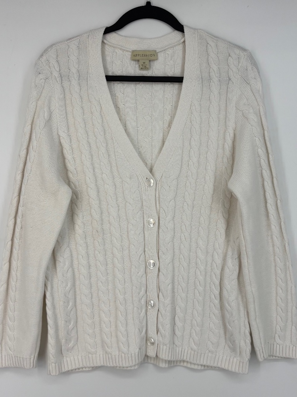 Appleseed's Womens Medium Button Front Cardigan Sweater Creamy White Cable Knit
